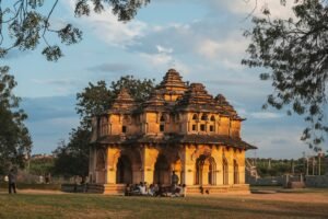 Ancient stone temple structure bathed in golden sunlight.